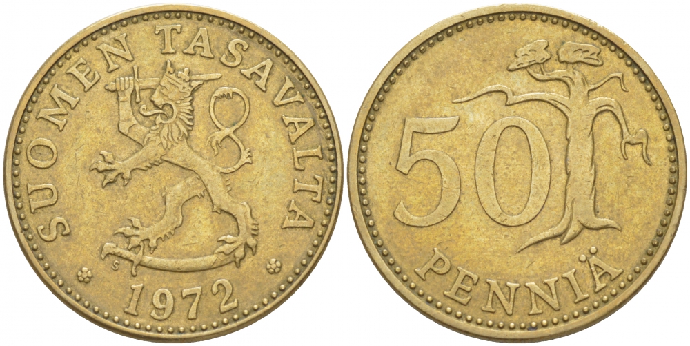 ФИНЛЯНДИЯ 50 ПЕННИ 1972 S KM 48 алюминиевая бронза 3457-927
