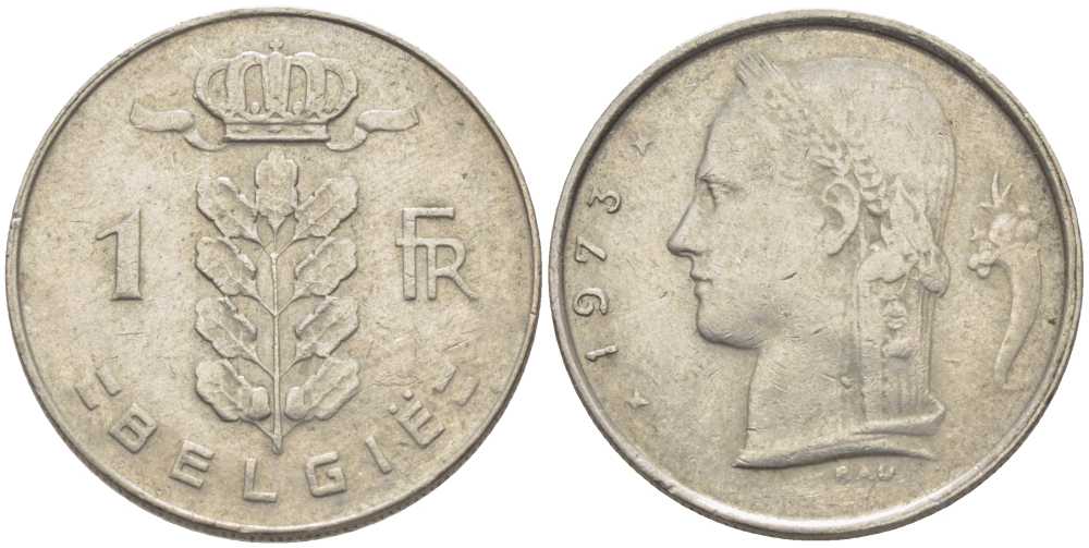 БЕЛЬГИЯ 1 ФРАНК 1973 BELGIE, БОДУЭН I (1951-1993) KM 143.1 медно-никель 119-623