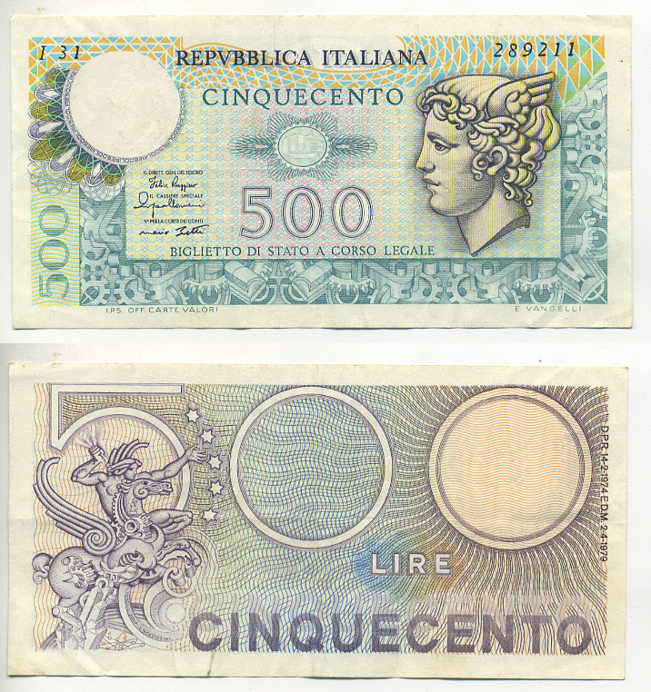 Италия 500 лир 1979 Меркурий Pick 94 бумага 7553-13-2