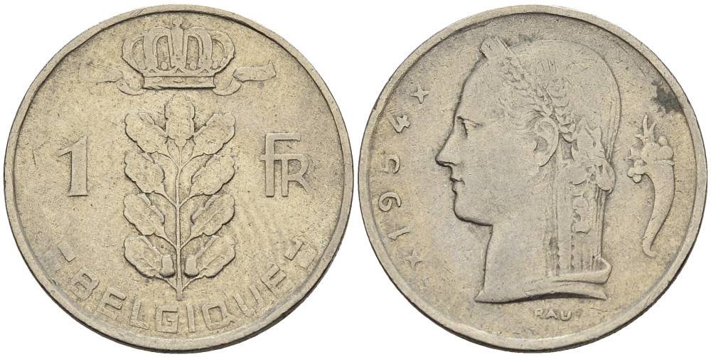 БЕЛЬГИЯ 1 ФРАНК 1954 BELGIQUE KM 142.1 медно-никель 4546-437