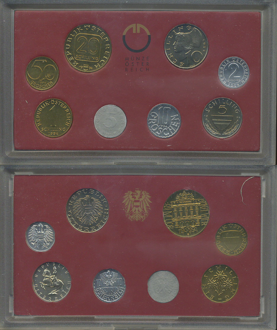 Австрия набор из 8 монет 1994 официальный набор, 2, 5, 10, 50 грошей, 1, 5, 10, 20 шиллингов, 800 лет Венскому мондвору, в пластике KM MS 3 UNC 6-6-2-12