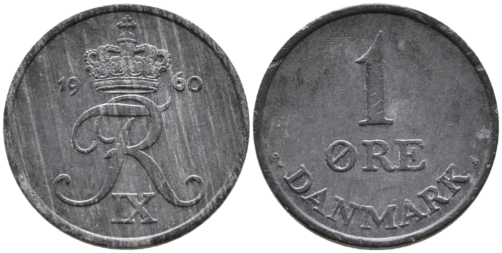 Дания 1 эре 1960 С; S, Фредерик IX (1947-1972) KM 839.2 цинк 100-659