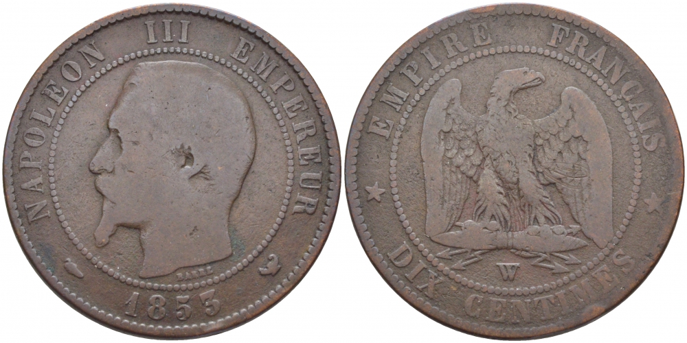 ФРАНЦИЯ 10 САНТИМОВ 1855 W, НАПОЛЕОН III (1852-1870) KM 771.7, LE FRANC 133.30 бронза 114-724