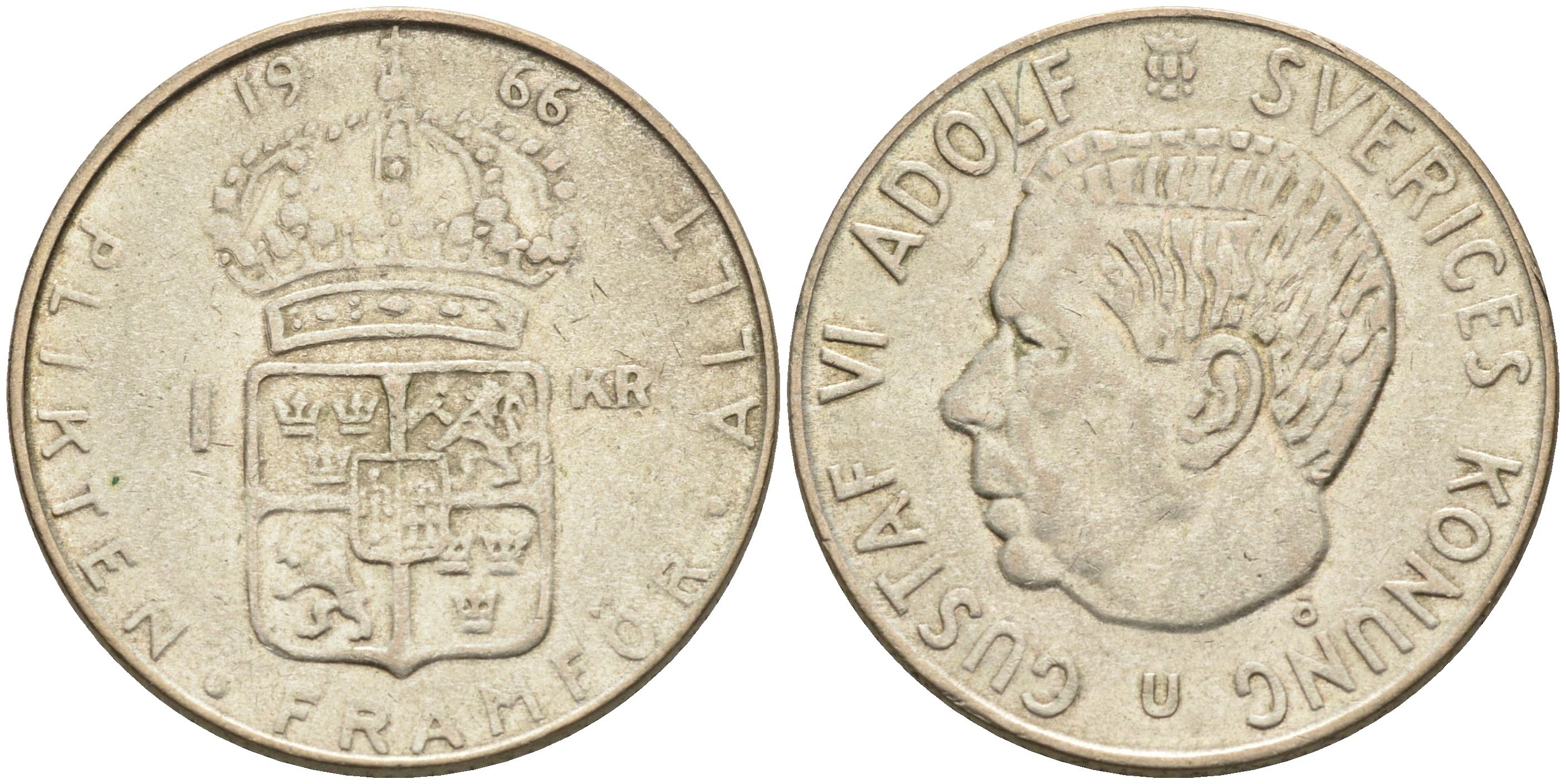 Швеция 1 крона 1966 U, Густав VI Адольф (1950-1973) KM 826 серебро 4126-832