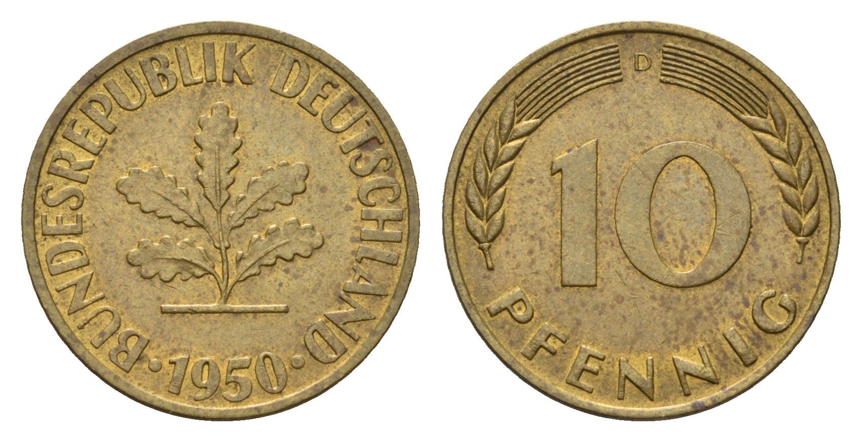 ФРГ 10 пфеннигов 1950 D KM 108, J. 383 сталь плакированная латунью 4684-244