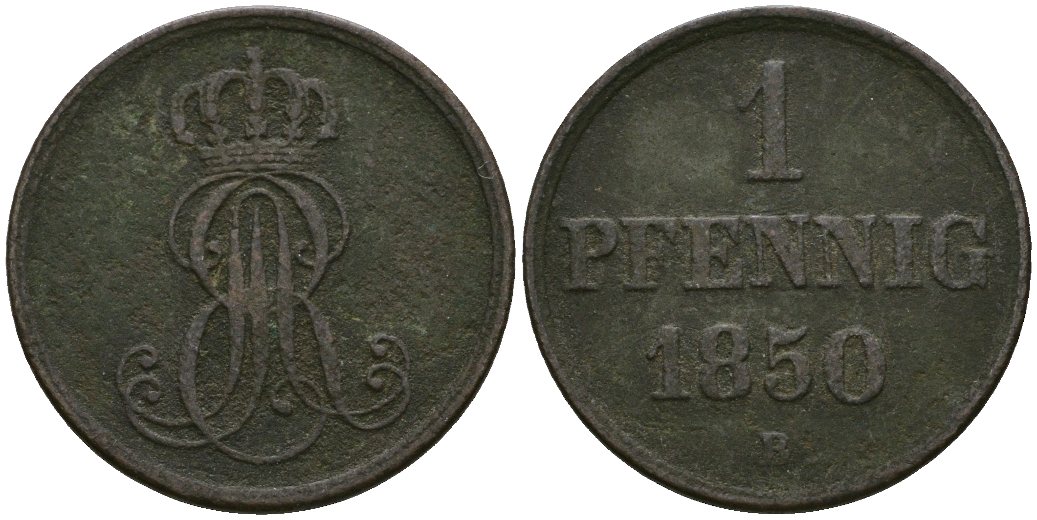 Ганновер 1 пфенниг 1850 B, Эрнст Август (1837-1851) KM 201.1, AKS 129, J. 74 медь 4608-1054