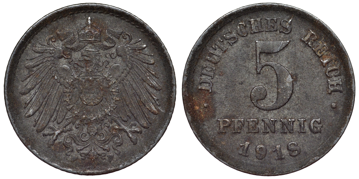 Германия 5 пфеннигов 1918 F KM 19, J. 297, Weege 5 железо 4118-1045
