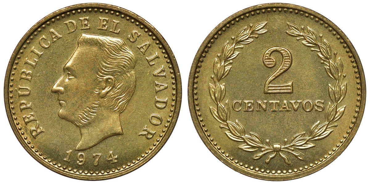 Сальвадор 2 сентаво 1974 год тип, Франсиско Морасан KM 147 никель латунь UNC M55-02