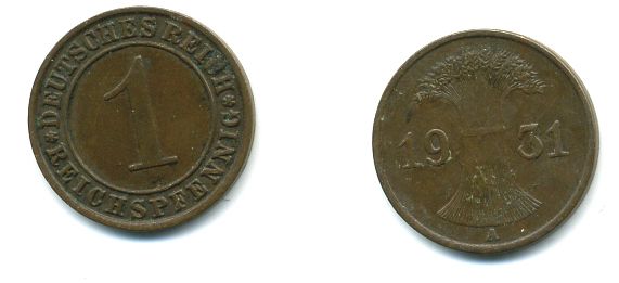 Германия 1 рейхспфенниг 1931 A KM 37, J. 313 бронза 46-928