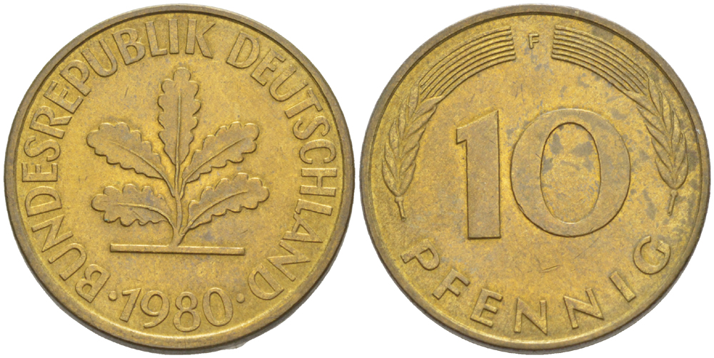 ФРГ 10 ПФЕННИГОВ 1980 F KM 108, J. 383 сталь плакированная латунью 4182-917