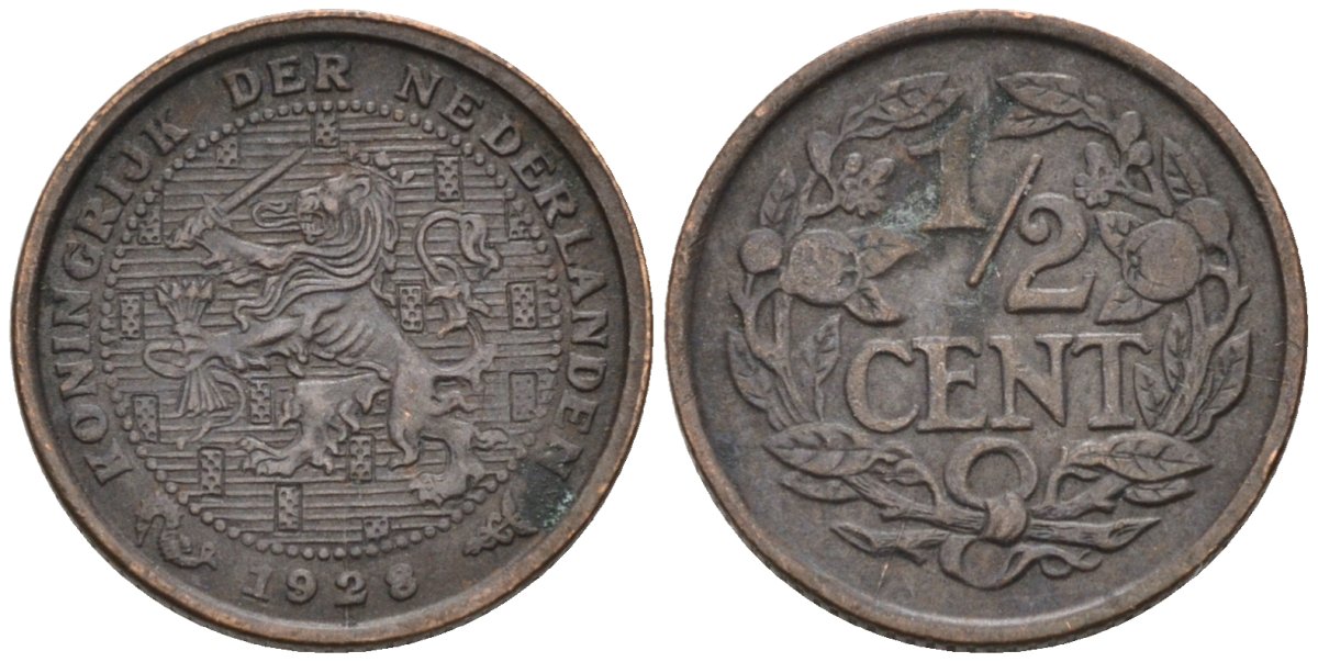 Нидерланды 1/2 цента 1928 Вильгельмина (1890-1948) KM 138 бронза 4576-456