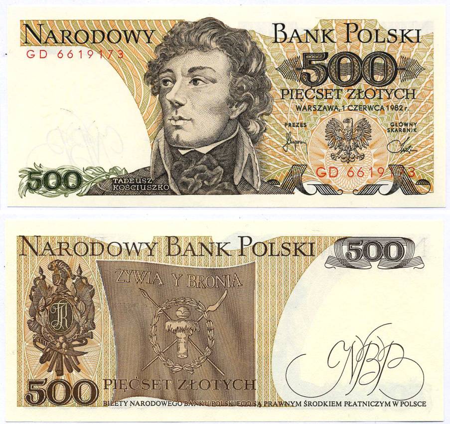 Польша 500 злотых 1982 Тадеуш Костюшко Pick 145 d бумага aUNC 8595-18-4-1