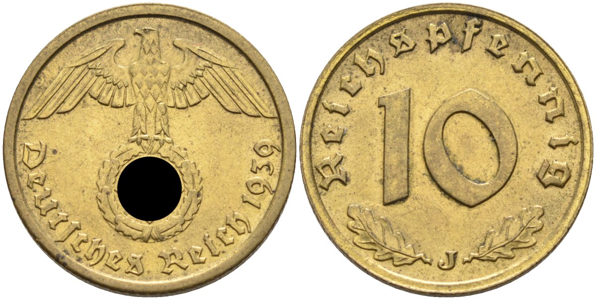 Германия 10 рейхспфеннигов 1939 J KM 92, J.364 алюминиевая бронза 4584-545