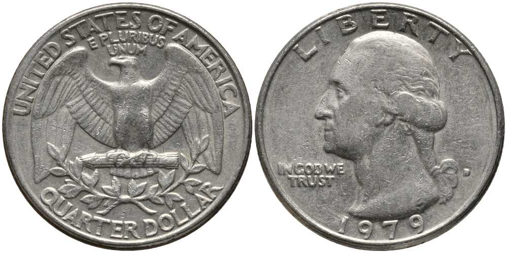 США 25 ЦЕНТОВ = КВОТЕР 1979 D, ВАШИНГТОН KM А164а медь плакированная медно-никелем 113-534
