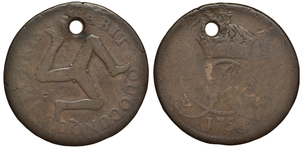 ОСТРОВ МЭН 1 ПЕННИ 1758 С ОТВЕРСТИЕМ KM 7 медь 650-113