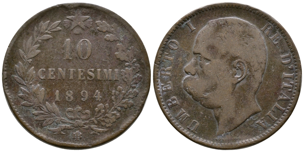 Италия 10 чентезимо 1894 B/I, Умберто I (1878-1900) KM 27.1 медь 73-732