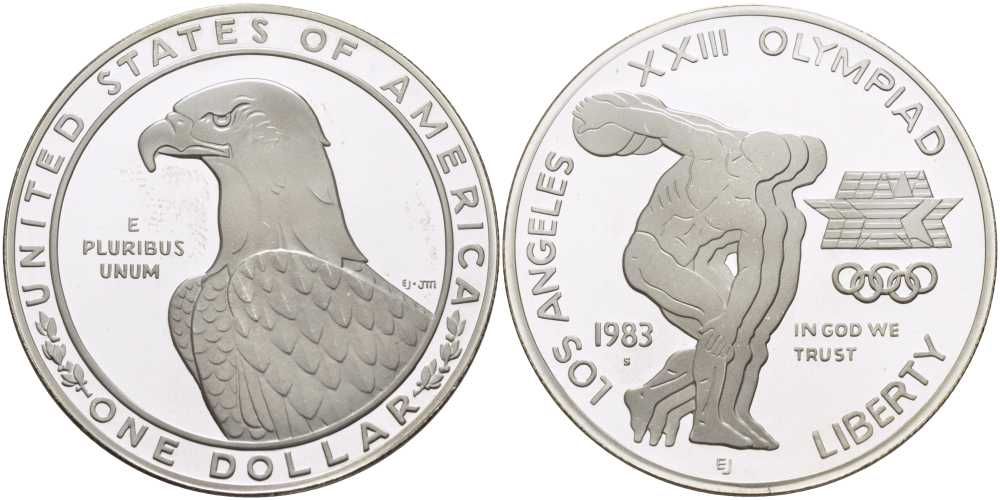 США 1 доллар 1983 XXII Олимпийские игры в Лос-Анжелесе, дискобол, S KM 209 серебро PROOF 1078-9-22