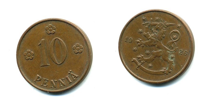 Финляндия 10 пенни 1926 республика (1918-1962) KM 24 медь 46-1516