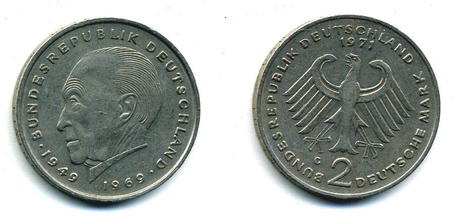 ФРГ 2 МАРКИ 1971 G, КОНРАД АДЕНАУЭР KM 124, J. 406 медно-никель плакированный никелем 29-217