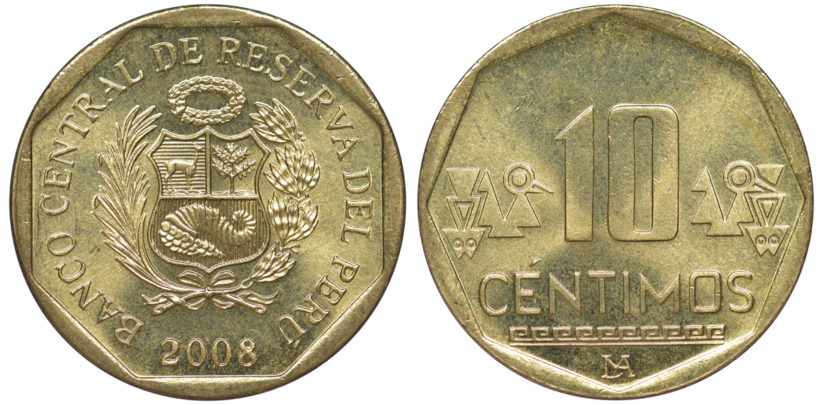 Перу 10 сентимо 2008 KM 305.4 латунь aUNC 4605-617