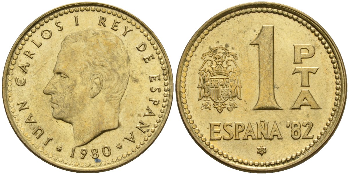 Испания 1 песета 1980 (81) чемпионат мира по футболу 1982 года в Испании, Хуан Карлос I (1975 - 2014) KM 816 алюминиевая бронза 4604-257