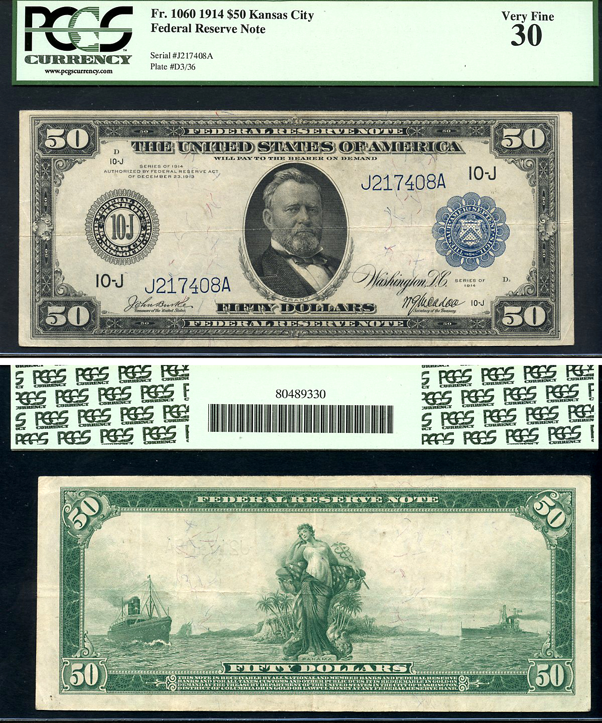 США 50 долларов 1914 National Bank Note, Канзас-Сити, Улисс Грант - 18-й президент США, в слабе PCGS 30 Fr 1060  бумага   452-1-152
