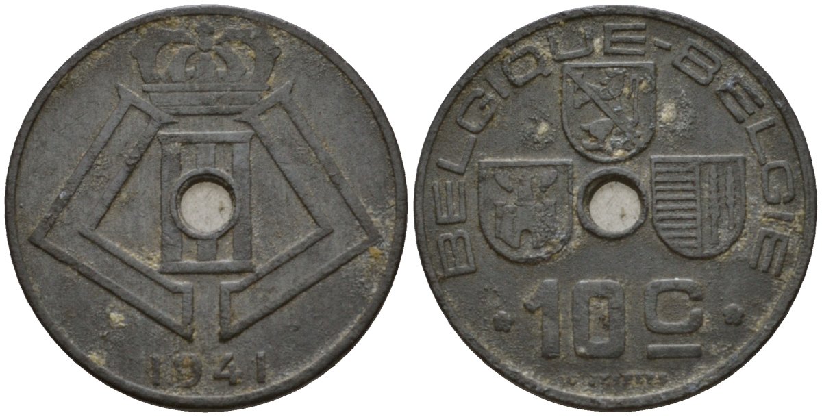 Бельгия 10 сантимов 1941 Belgique - Belgie KM 125 цинк 44-1149