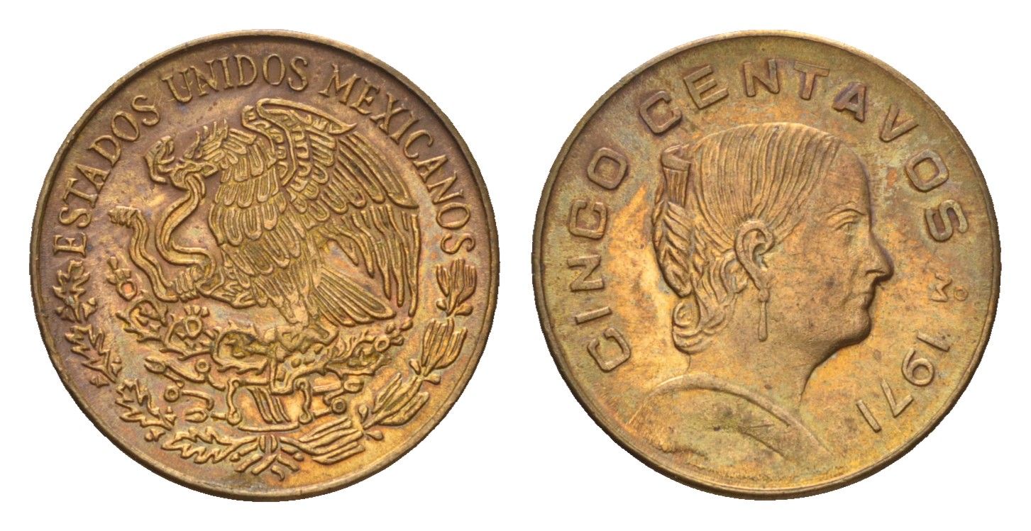 Мексика 5 сентаво 1971 Жозефа Ортис де Домингес KM 427 латунь UNC 4702-147