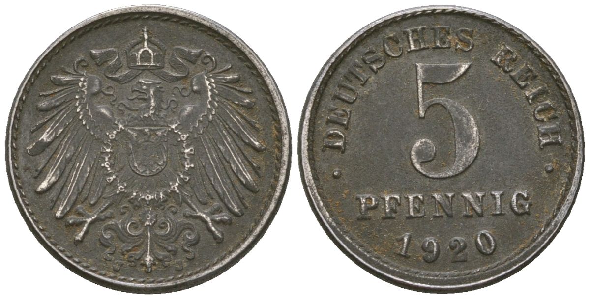 Германия 5 пфеннигов 1920 J KM 19, AKS 17, J 297, Schon DM 20, Neum 33 железо 4588-544
