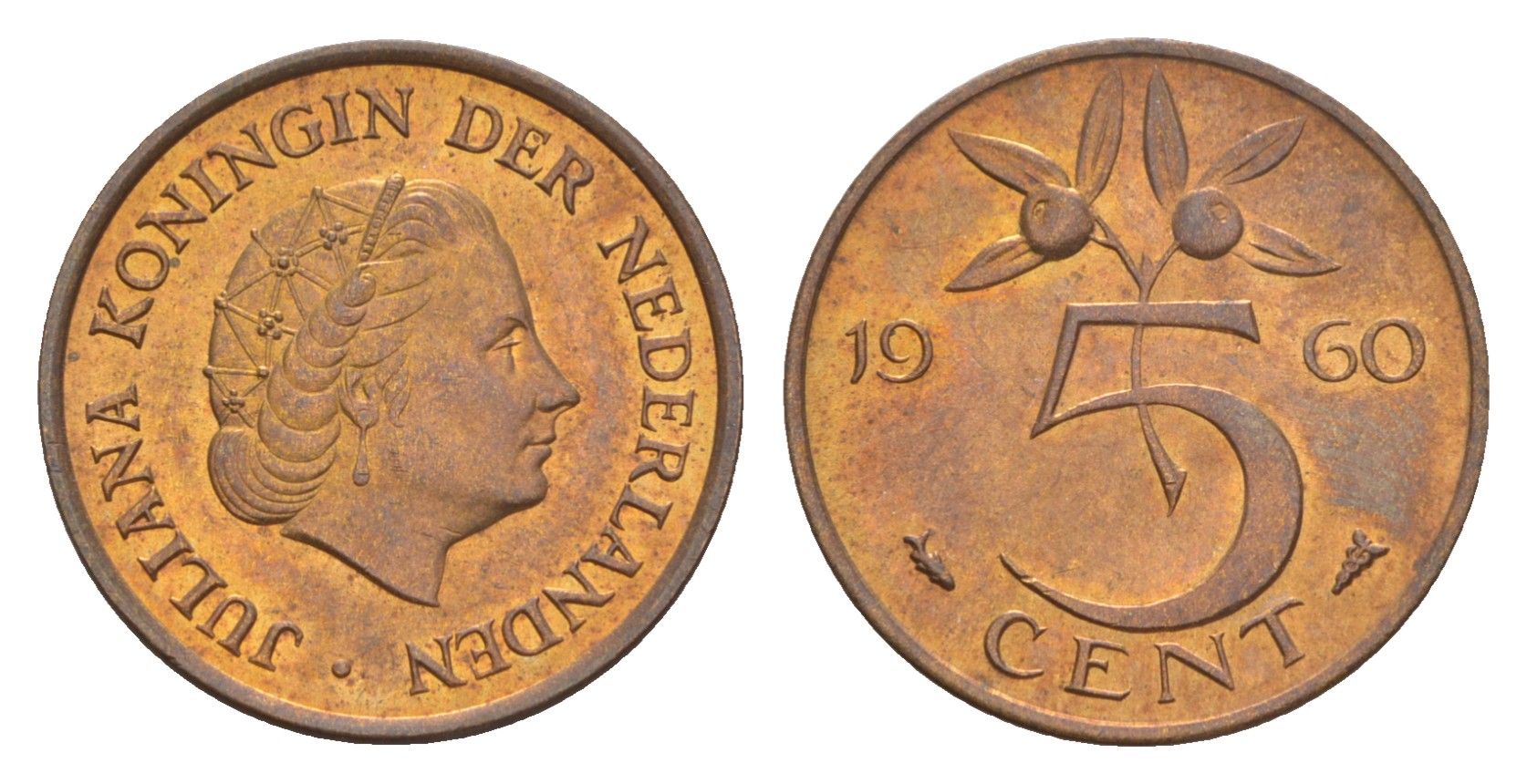 Нидерланды 5 центов 1960 Беатрикс (1980-2013) KM 181 бронза UNC 4649-911