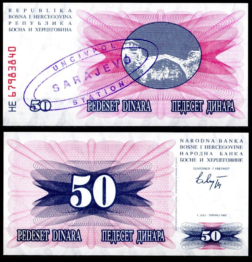 Босния и Герцеговина 50 динар 1992 Надпечатка UNCIVPOL-Гражданская полиция ООН в Сараево Pick 12 бумага UNC (пресс) 2119-31-1-1