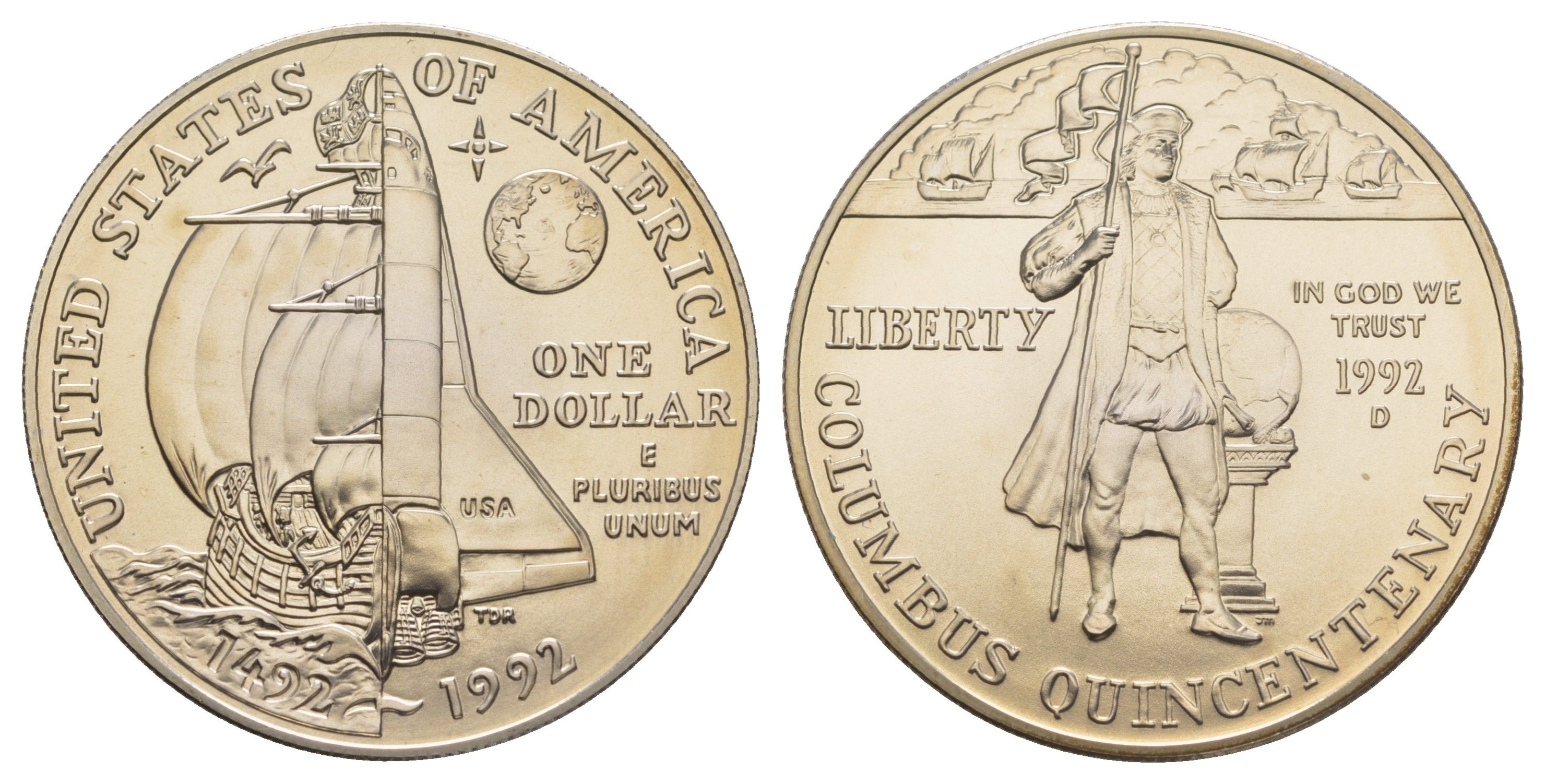 США 1 доллар 1992 D, 500 лет путешествию Колумба KM 238 серебро BU 11-266-14