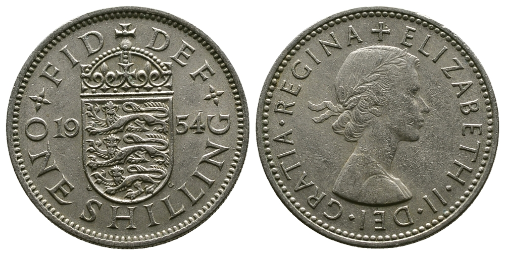 Великобритания 1 шиллинг 1954 Елизавета II (1952-2022), Английский герб KM 904, Spink 4147 медно-никель 4384-247