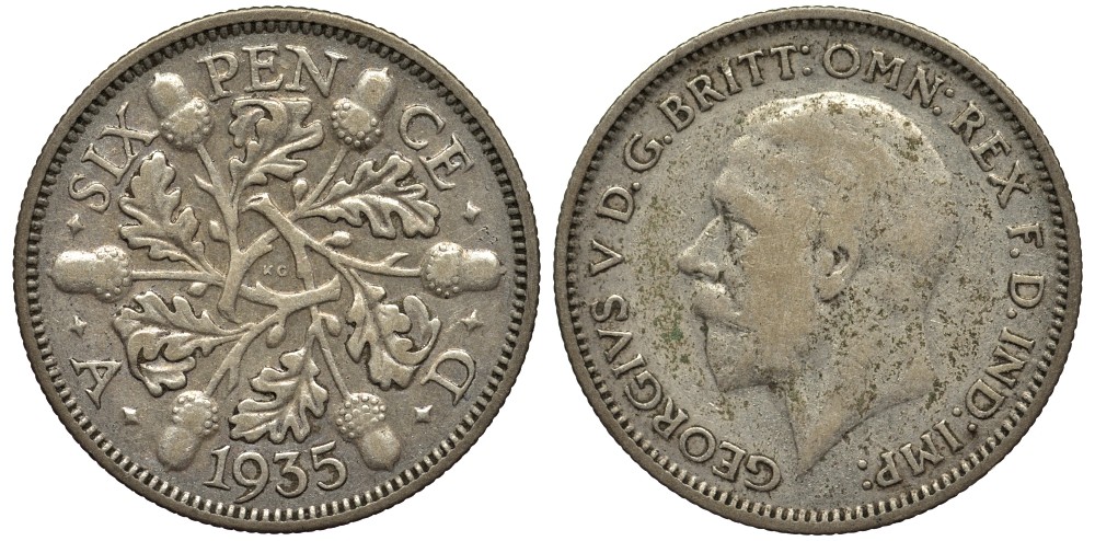 Великобритания 6 пенсов 1935 Георг V (1910-1936) KM 832, Spink 4041 серебро 4538-411
