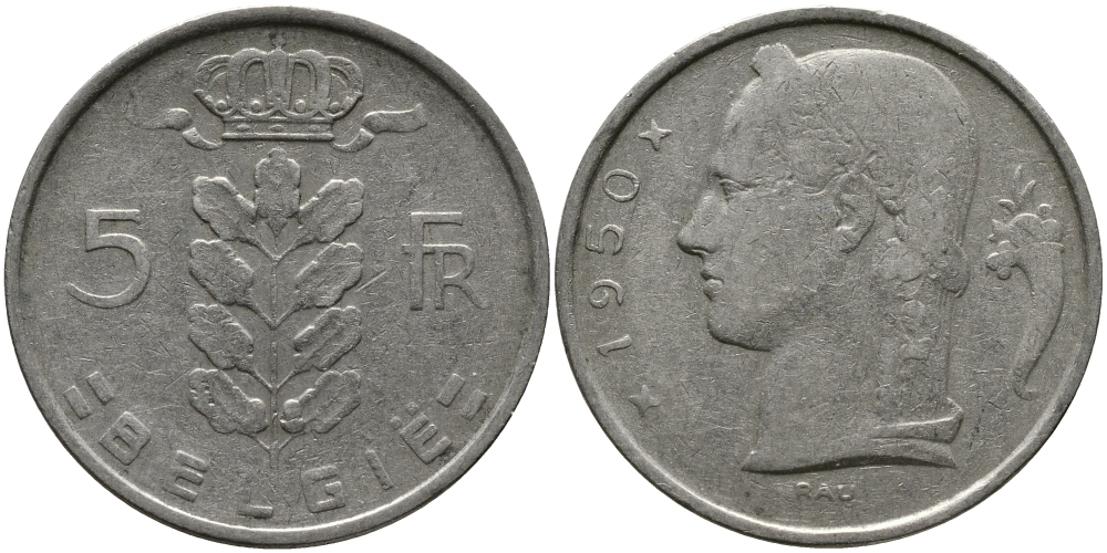 БЕЛЬГИЯ 5 ФРАНКОВ 1950 BELGIE KM 135.1 медно-никель 98-534