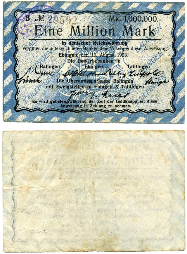 ЭБИНГЕН 1000000 марок (1 миллион) 1923 13 августа 1923 - 30 сентября 1923, нотгельд, земля Баден-ВЮРТЕНБЕРГ, BALLINGEN EBINGEN TAILFINGEN, OBERAMTSSPARKASSE Keller 1221b бумага 2193-30-1-2