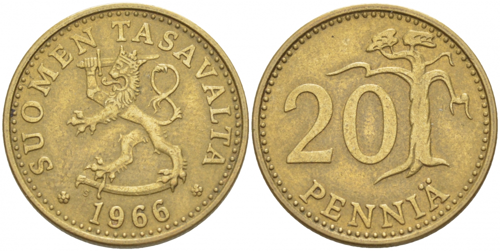 ФИНЛЯНДИЯ 20 ПЕННИ 1966 S KM 47 алюминиевая бронза 3718-1217