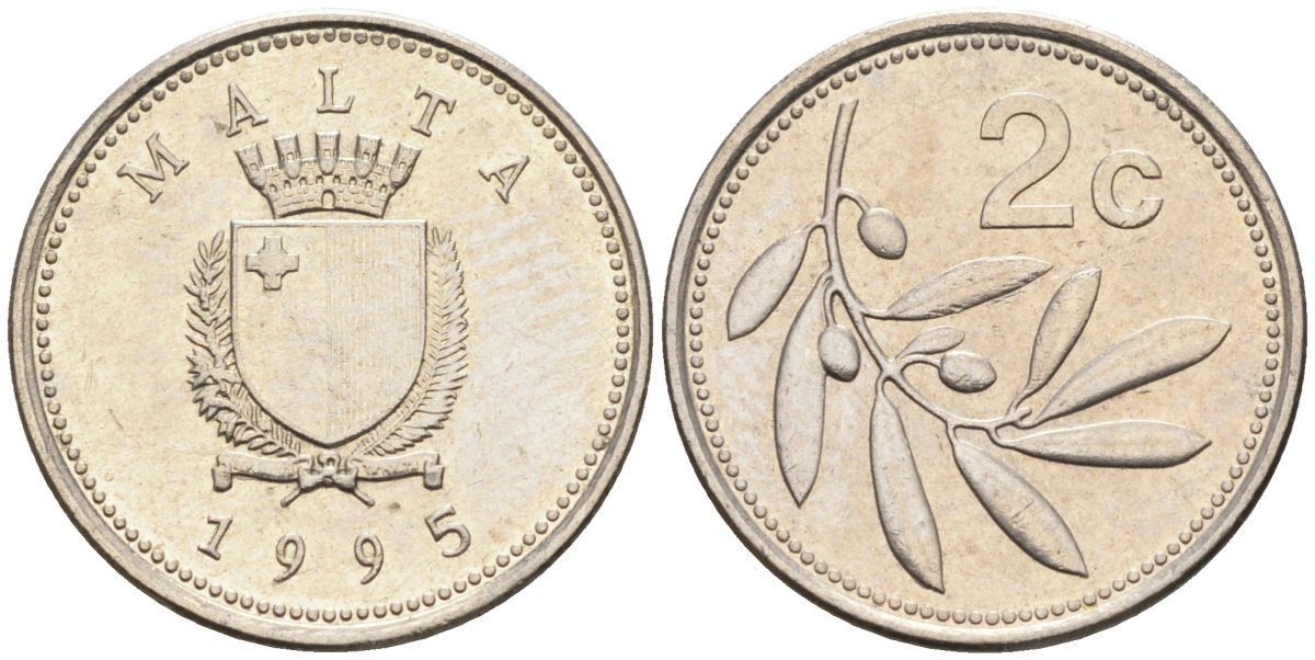 Мальта 2 цента 1995 оливковая ветвь KM 94 медно-никель 188-667