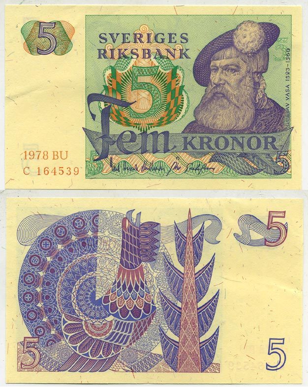 Швеция 5 крон 1978 BU, Густав I Ваза Pick 51d бумага aUNC 444-102-1
