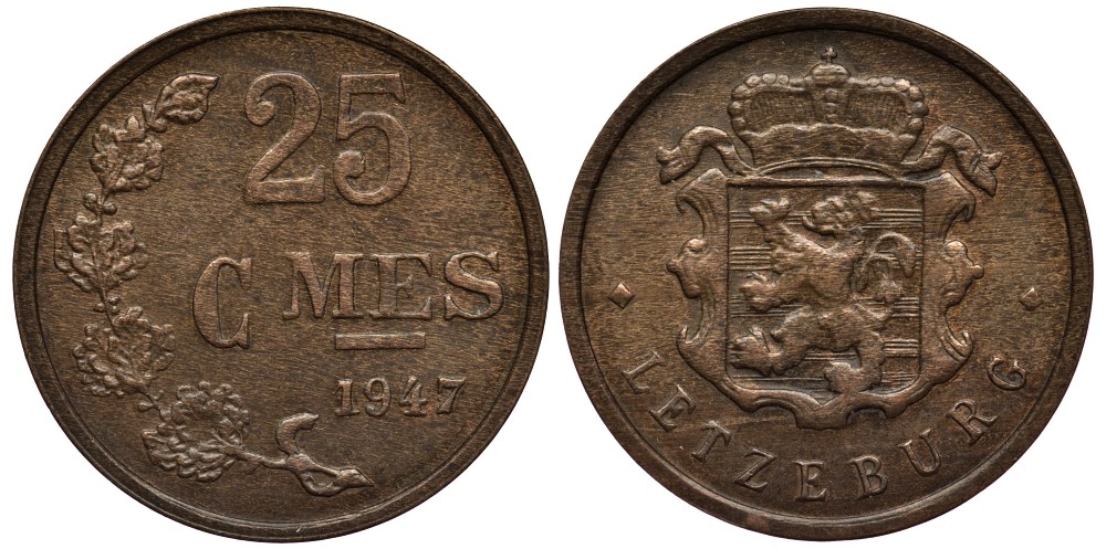 Люксембург 25 сантимов 1947 Шарлотта (1918-1964) KM 45 бронза 4538-841