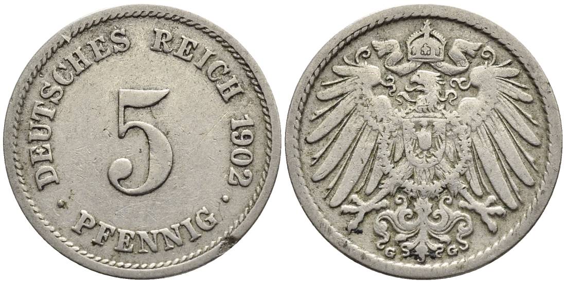 ГЕРМАНИЯ 5 ПФЕННИГОВ 1902 G KM 11, Jager 12, Weege 6 медно-никель 4547-428