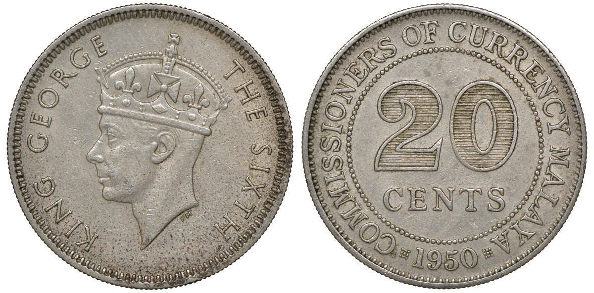 Британская Малайя 20 центов 1950 Георг VI (1937-1952) KM 9 медно-никель 4163-514