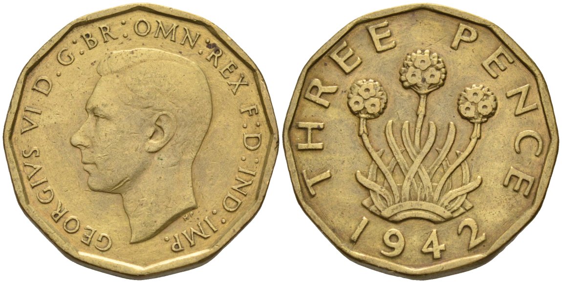 Великобритания 3 пенса 1942 Георг VI (1936-1952) KM 849, Spink 4112 никель латунь 190-631