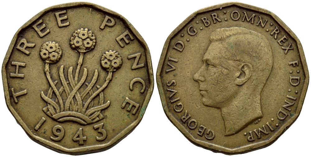 Великобритания 3 пенса 1943 Георг VI (1936-1952) KM 849, Spink 4112 никель латунь 36-312