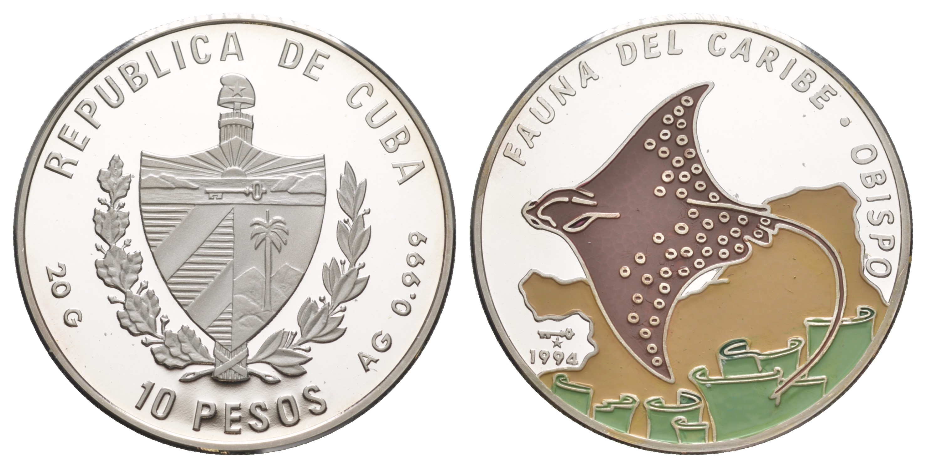 Куба оригинальный полный набор из 6 монет (10 песо) в оригинальной коробке 1994 Карибская фауна 1-4-6-07