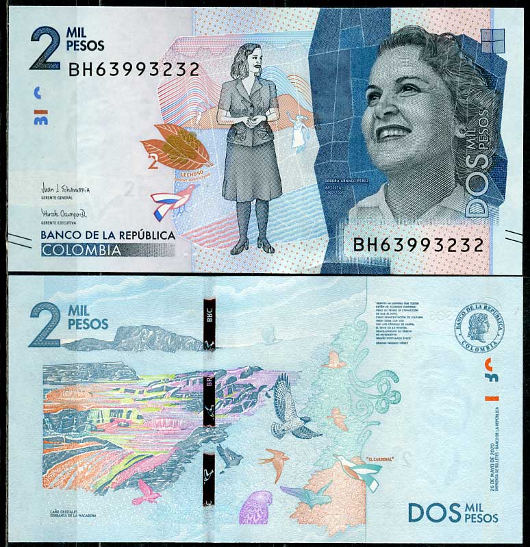 Колумбия 2000 песо 2020 Дебора Аранго, река Каньо Кристалес Pick 458 e  бумага  UNC (пресс) 447-70-1