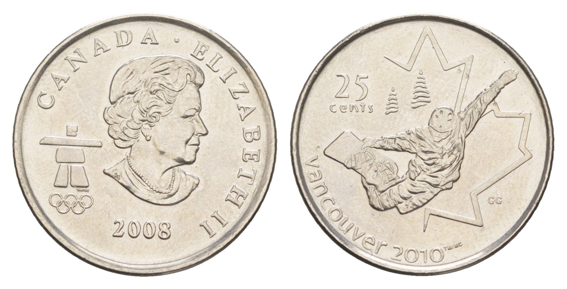 Канада 25 центов 2008 XXI зимние Олимпийские Игры, Ванкувер 2010 - Сноуборд KM 768 сталь плакированная никелем UNC 4652-1143
