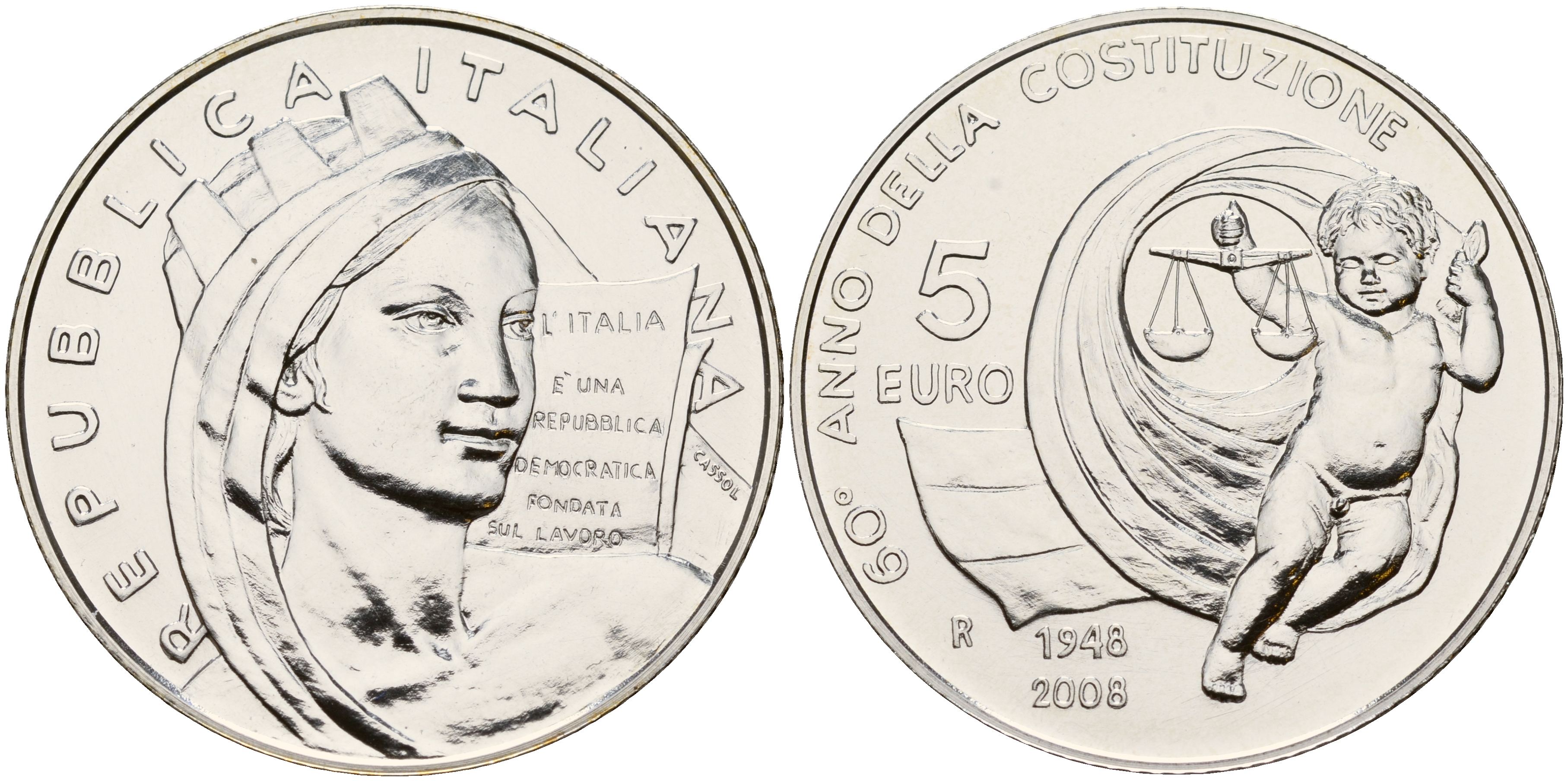 Италия 5 евро 2008 60 лет Итальянской Конституции, в оригинальной коробке серебро UNC 4-3-5-06