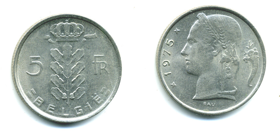 Бельгия 5 франков 1975 Belgie, Бодуэн I (1951-1993) KM 135.1 медно-никель 25-825