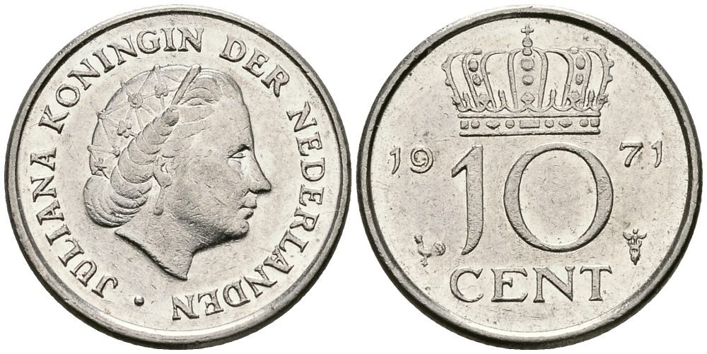 Нидерланды 10 центов 1971 Юлиана (1948-1980) KM 182 никель 96-361